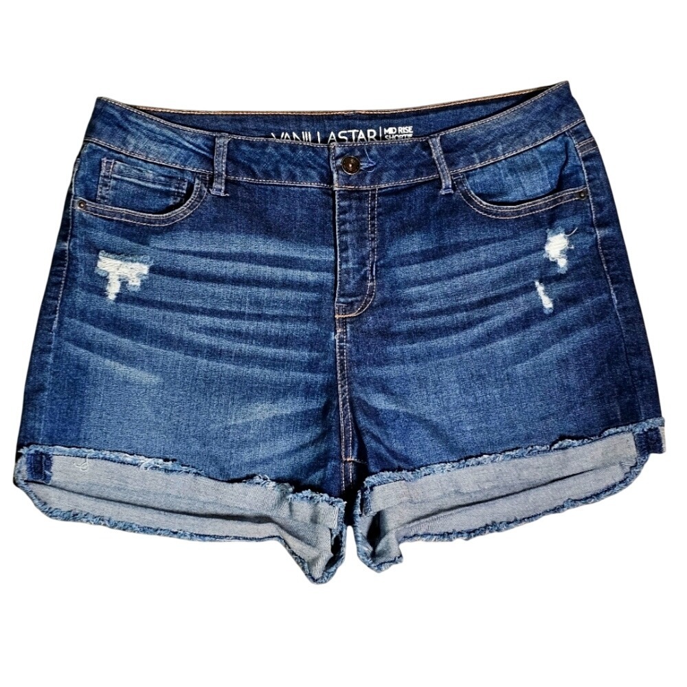 Vanilla Star Denim Shorts Distressed Cuffed Size 13 Whiskered